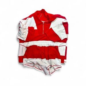 Red and White Colorblock quarter zip and shorts